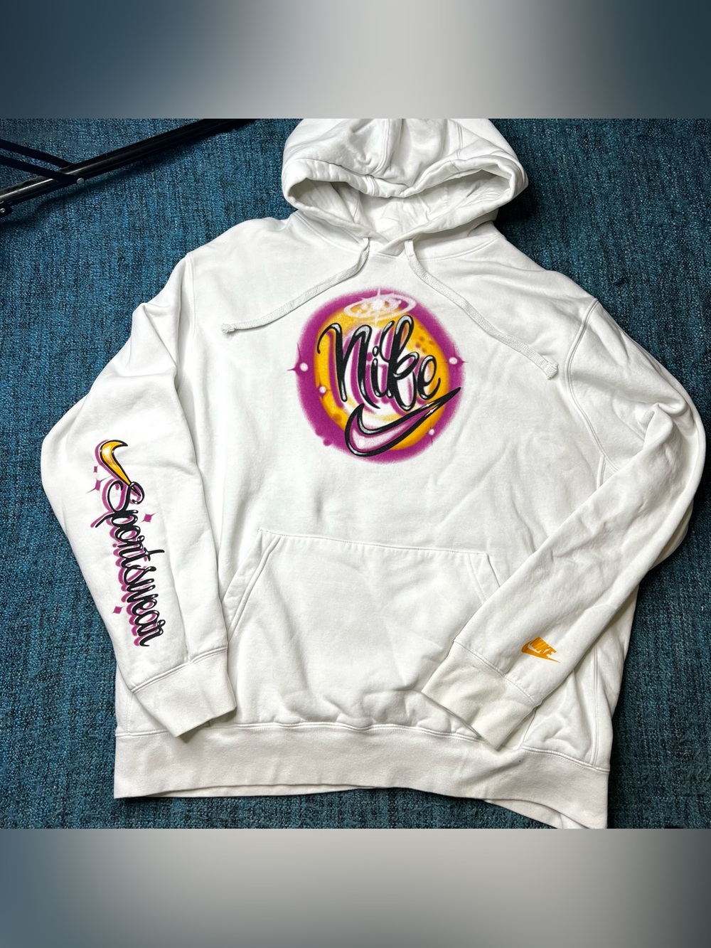 Nike Air Brush Fleece Pullover Hoodie Retro Men's Size XL White Pink Yellow
